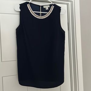 Adrienne Vittadini Navy sleeveless blouse with gold and white beading